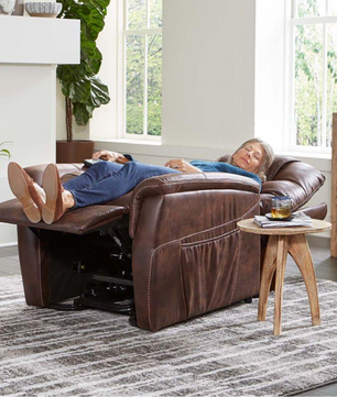 Golden Dione PR446 Lift Chair in maple faux leather shown fully reclined for comfort at Dahl Medical Supply Burnsville MN