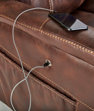Close-up of Golden Dione PR446 Lift Chair USB charging port and side pocket in maple faux leather at Dahl Medical Supply Burnsville MN