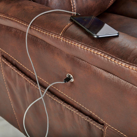 Close-up of Golden Dione PR446 Lift Chair USB charging port and side pocket in maple faux leather at Dahl Medical Supply Burnsville MN
