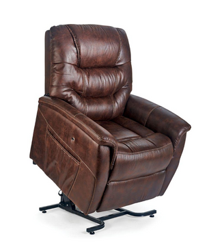 Golden Dione PR446 Lift Chair in maple faux leather shown in full lift position for easy standing at Dahl Medical Supply Burnsville MN