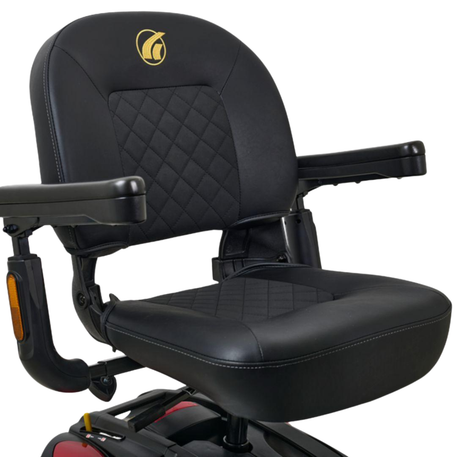 Padded black seat with armrests on the Golden LiteRider mobility scooter, showing cushioned backrest and seat base