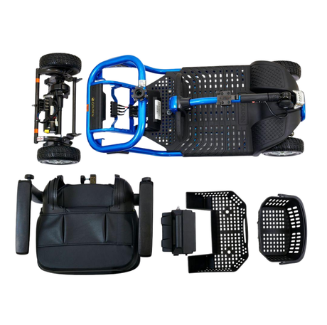 Golden LiteRider mobility scooter disassembled into separate components for transport and storage