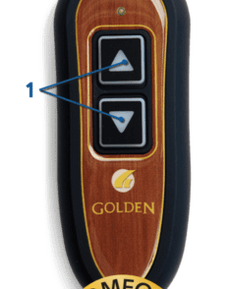 Close-up of the Golden Technologies PR118 lift chair hand control featuring a simple two-button design for raising and lowering the chair, identified as a 1-Zone Comfort remote.