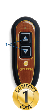 Close-up of the Golden Technologies PR118 lift chair hand control featuring a simple two-button design for raising and lowering the chair, identified as a 1-Zone Comfort remote.
