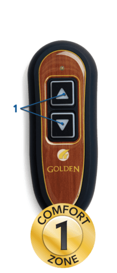 Close-up of the Golden Technologies PR118 lift chair hand control featuring a simple two-button design for raising and lowering the chair, identified as a 1-Zone Comfort remote.