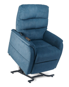 Golden Technologies PR118 lift chair shown in Calypso fabric, raised in the standing-assist lift position. Features a three-pillow backrest, full padded chaise, and simple two-button hand control for safe, comfortable mobility support.