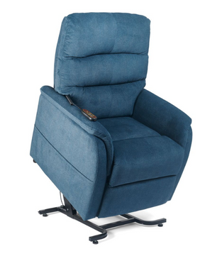Golden Technologies PR118 lift chair shown in Calypso fabric, raised in the standing-assist lift position. Features a three-pillow backrest, full padded chaise, and simple two-button hand control for safe, comfortable mobility support.