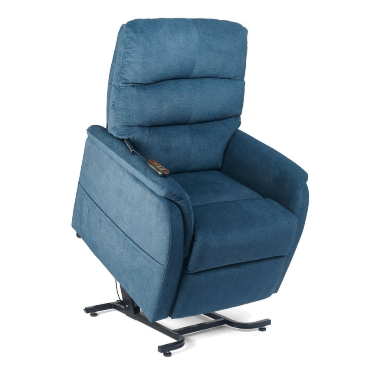 Golden Technologies PR118 lift chair shown in Calypso fabric, raised in the standing-assist lift position. Features a three-pillow backrest, full padded chaise, and simple two-button hand control for safe, comfortable mobility support.
