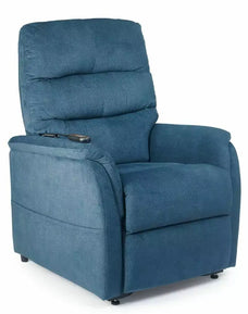 Golden Technologies PR118 lift chair in Calypso Blue upholstery, shown in the seated position with plush three-pillow backrest, padded chaise seat, and easy-to-use hand control resting on the arm.