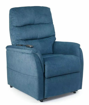 Golden Technologies PR118 lift chair in Calypso Blue upholstery, shown in the seated position with plush three-pillow backrest, padded chaise seat, and easy-to-use hand control resting on the arm.