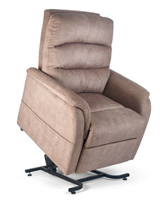 Golden Technologies PR118 lift chair in Sandstone fabric shown in the standing-assist lift position. Features a plush three-pillow backrest, padded chaise seat, and supportive armrests for safe and comfortable mobility assistance.