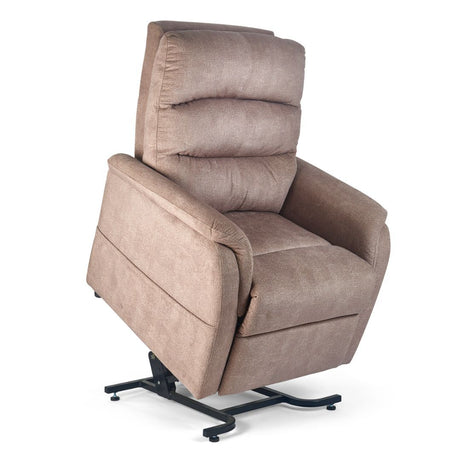 Golden Technologies PR118 lift chair in Sandstone fabric shown in the standing-assist lift position. Features a plush three-pillow backrest, padded chaise seat, and supportive armrests for safe and comfortable mobility assistance.
