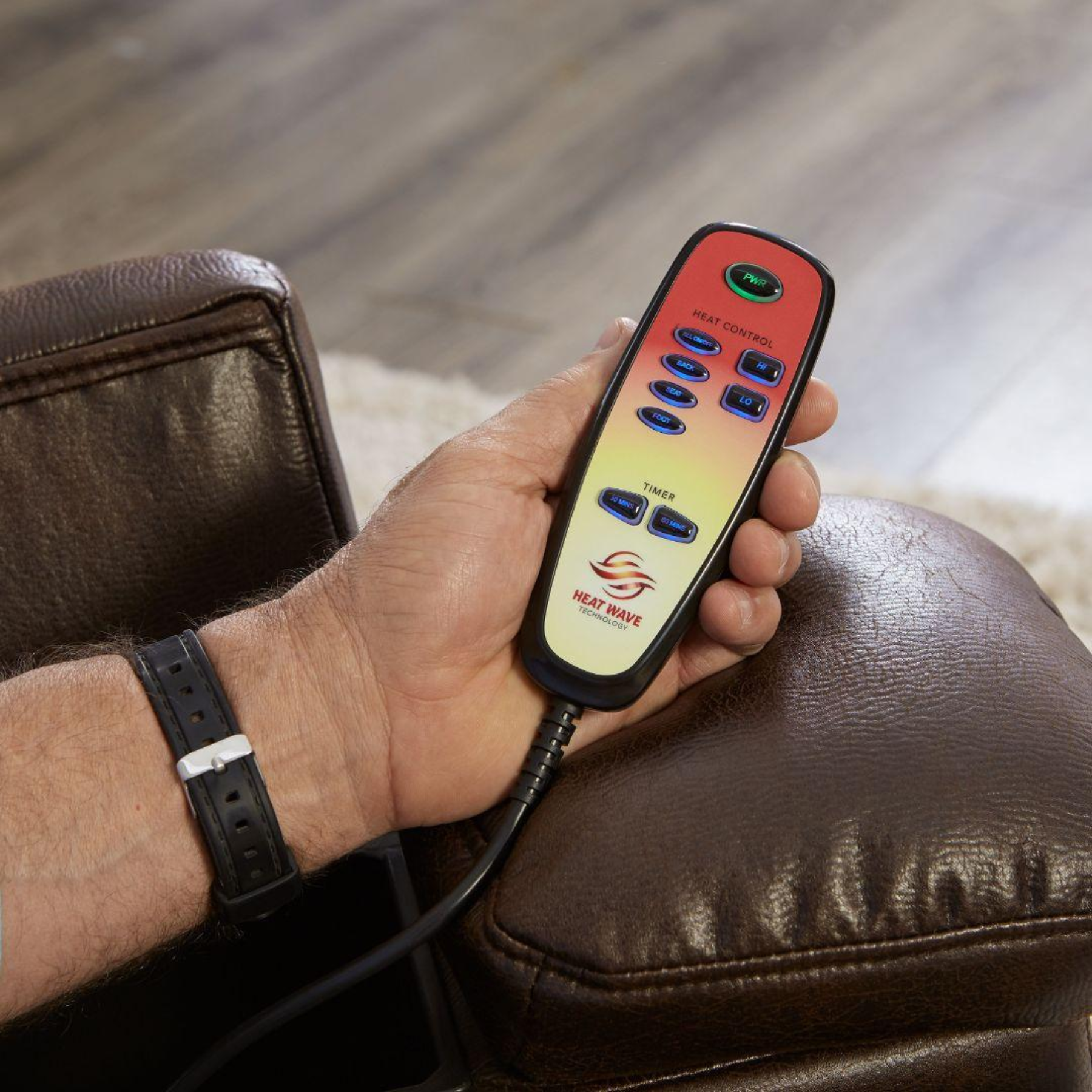 Close-up of the HeatWave™ Technology remote control for the Golden PR442 Lift Chair showing full-body heat settings.