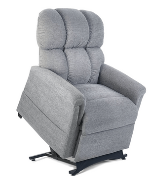 Golden Technologies PR535 Comforter Lift Chair shown in the stylish Anchor EAC fabric, featuring a plush three-pillow back design and smooth power lift function that gently assists users from sitting to standing for enhanced comfort and mobility support.