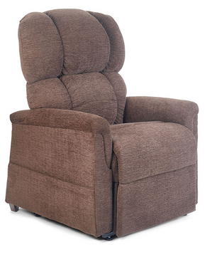 Golden Technologies PR535 Comforter Lift Chair shown in a bittersweet brown fabric, featuring plush triple pillow-back design and full chaise leg support for superior comfort and smooth power lift and recline functionality.