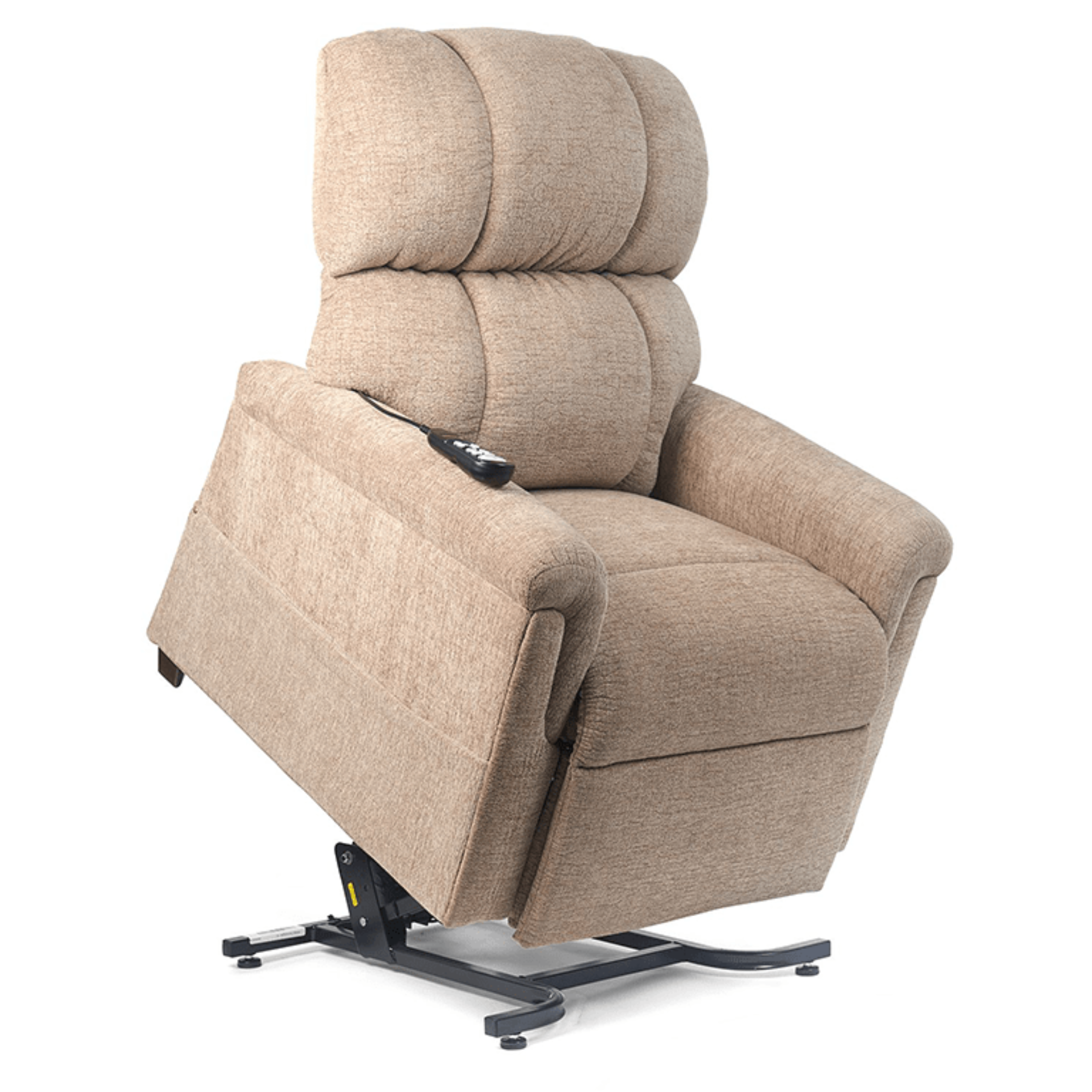 Golden Technologies PR535 Comforter Lift Chair shown in Sandstorm ESS fabric, featuring a plush triple-pillow back design and smooth power lift and recline system that provides easy standing assistance and full-body comfort.