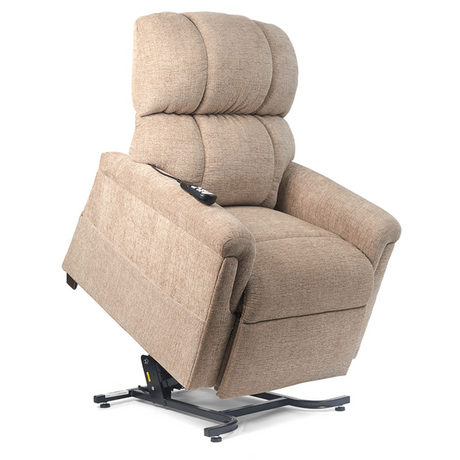 Golden Technologies PR535 Comforter Lift Chair shown in Sandstorm ESS fabric, featuring a plush triple-pillow back design and smooth power lift and recline system that provides easy standing assistance and full-body comfort.