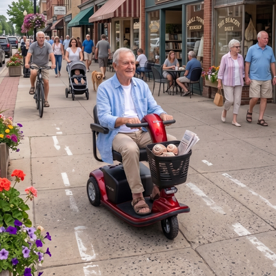 Man riding a Pride Victory 9 3-wheel mobility scooter through a small-town downtown area