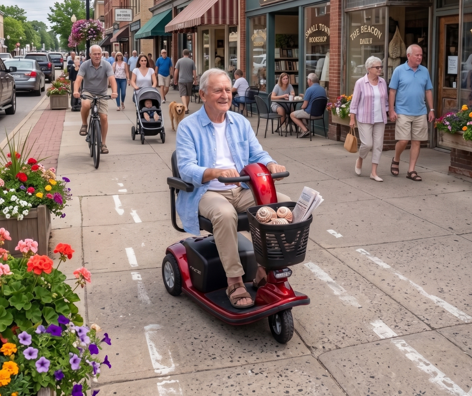 Man riding a Pride Victory 9 3-wheel mobility scooter through a small-town downtown area