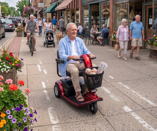 Man riding a Pride Victory 9 3-wheel mobility scooter through a small-town downtown area