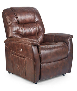 Golden Technologies Dione PR446 Lift Chair in rich maple faux leather upholstery featuring plush cushions, side pocket, and full chaise leg support — available at Dahl Medical Supply in Burnsville, Minnesota.