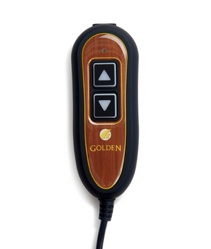 Golden Technologies lift chair two-button hand control with woodgrain finish and up/down arrow buttons, used to operate recline and lift functions.