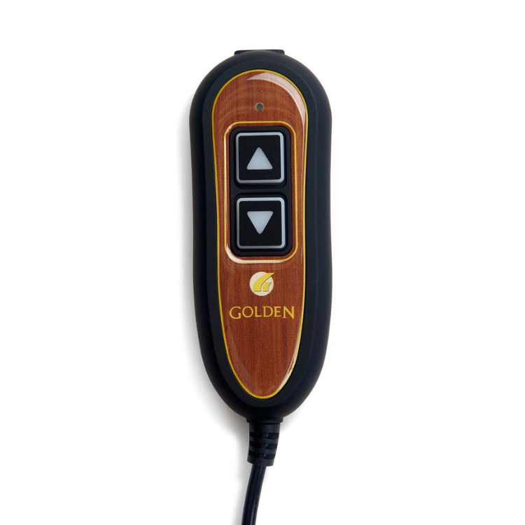 Golden Technologies lift chair two-button hand control with woodgrain finish and up/down arrow buttons, used to operate recline and lift functions.