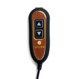Golden Technologies lift chair two-button hand control with woodgrain finish and up/down arrow buttons, used to operate recline and lift functions.