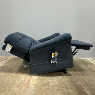 Golden PR515-Small MaxiComfort® Lift Chair shown fully reclined in Steel upholstery, featuring independent headrest and footrest controls, PowerPillow™ headrest, and infinite positioning for zero-gravity comfort — available in stock at Dahl Medical Supply, Burnsville, Minnesota.