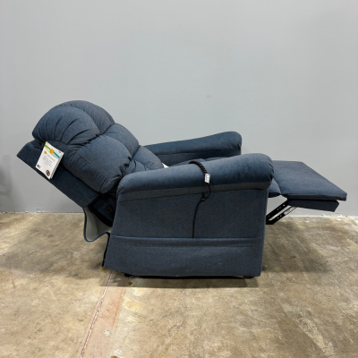Golden PR515-Small MaxiComfort® Lift Chair in Steel upholstery shown in a relaxed recline position with extended footrest and supportive back cushioning — offering zero-gravity comfort and PowerPillow™ headrest, available at Dahl Medical Supply, Burnsville, Minnesota.