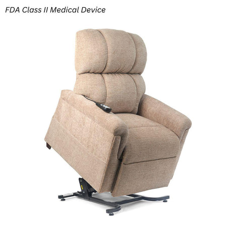 Golden Technologies PR535-Large MaxiComfort Lift Chair shown in Sandstorm upholstery, partially lifted position with handheld remote, available at Dahl Medical Supply.