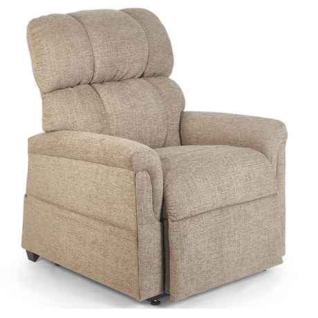 Golden Technologies PR535-Large MaxiComfort Lift Chair shown in Sandstorm fabric, upright position with plush backrest and padded armrests, available at Dahl Medical Supply.