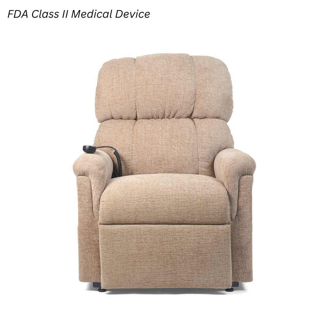 Front view of the Golden Technologies PR535-Large MaxiComfort Lift Chair in Sandstorm upholstery, featuring plush seam-back design and easy-to-use remote, available at Dahl Medical Supply.