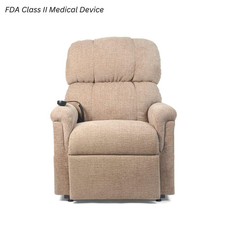 Front view of the Golden Technologies PR535-Large MaxiComfort Lift Chair in Sandstorm upholstery, featuring plush seam-back design and easy-to-use remote, available at Dahl Medical Supply.