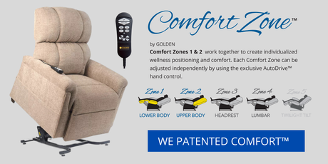 Golden Technologies PR535 Lift Chair in Sandstorm upholstery shown with Comfort Zone 1 and 2 diagram, illustrating independent upper and lower body positioning with AutoDrive hand control, available at Dahl Medical Supply.