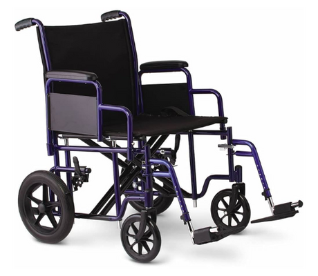 Heavy-duty bariatric transport chair with a wide seat, reinforced steel frame, swing-away footrests, and large rear wheels. Designed for higher weight capacity and available for weekly rental at Dahl Medical Supply in Burnsville, Minnesota.