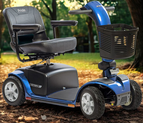 Blue Pride heavy duty 4-wheel mobility scooter with padded seat, armrests, and front basket available for weekly rental through Dahl Medical Supply