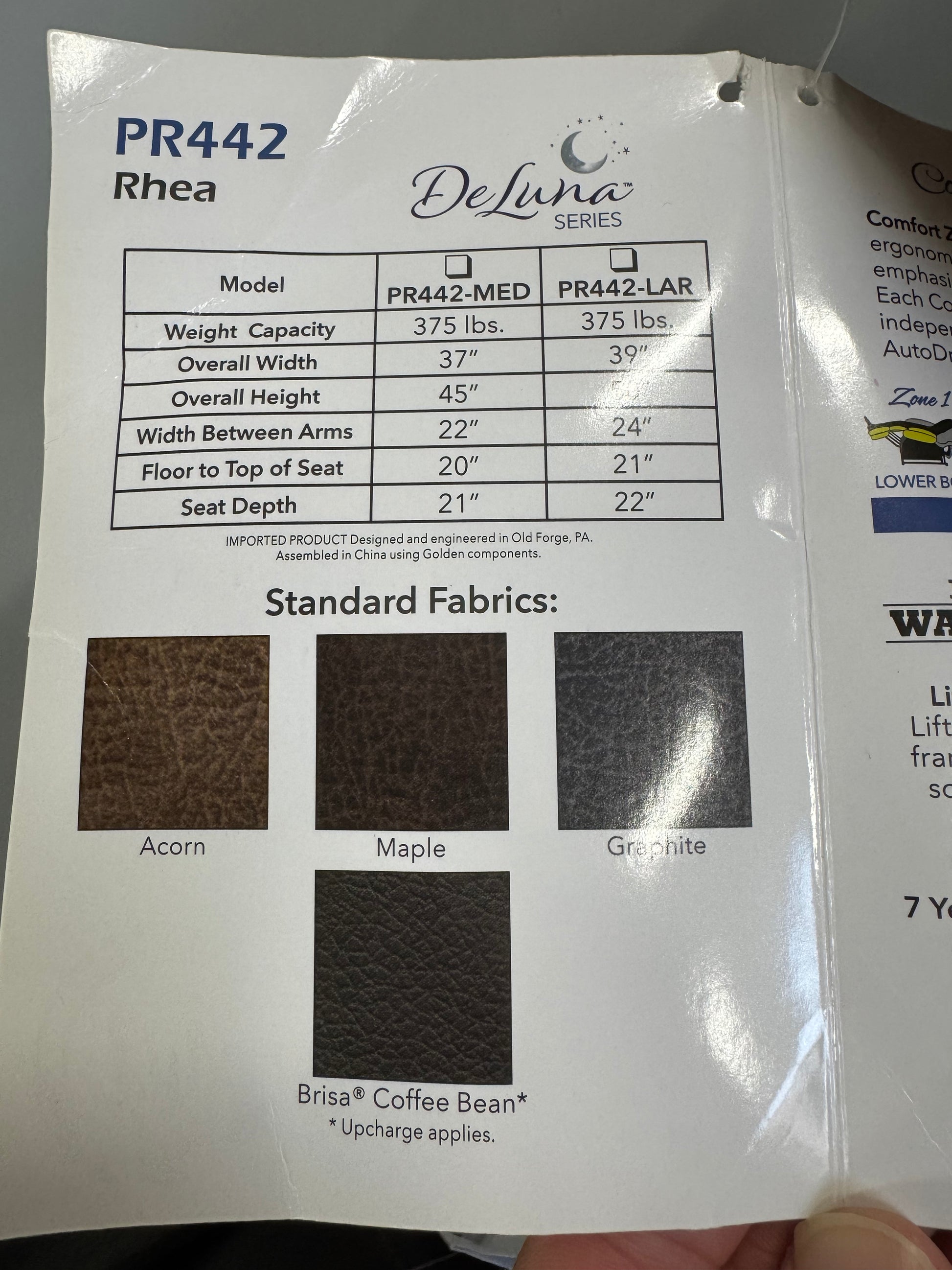 Golden PR442-MED Rhea Lift Chair in Acorn