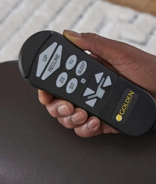 Close-up of Golden PR766 EZ Sleeper Lift Chair remote control showing power recline and Twilight positioning buttons