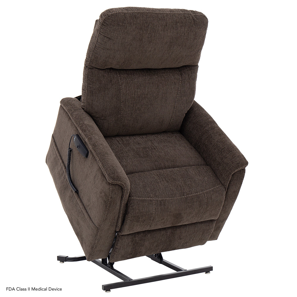 The brown Latte lift chair shown at its maximum lift height, illustrating the stable base and assist mechanism for mobility.
