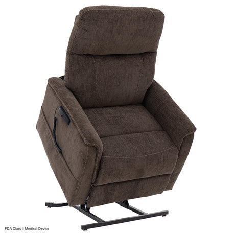 The brown Latte lift chair shown at its maximum lift height, illustrating the stable base and assist mechanism for mobility.