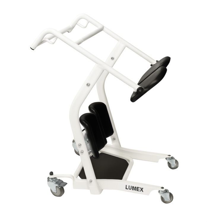 A Lumex stand assist patient transport device with white steel frame, padded knee supports, non-slip foot platform, and smooth-rolling caster wheels, designed for safe patient transfers.