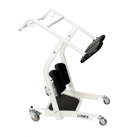 A Lumex stand assist patient transport device with white steel frame, padded knee supports, non-slip foot platform, and smooth-rolling caster wheels, designed for safe patient transfers.