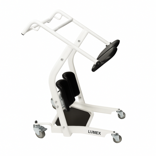 A Lumex stand assist patient transport device with white steel frame, padded knee supports, non-slip foot platform, and smooth-rolling caster wheels, designed for safe patient transfers.