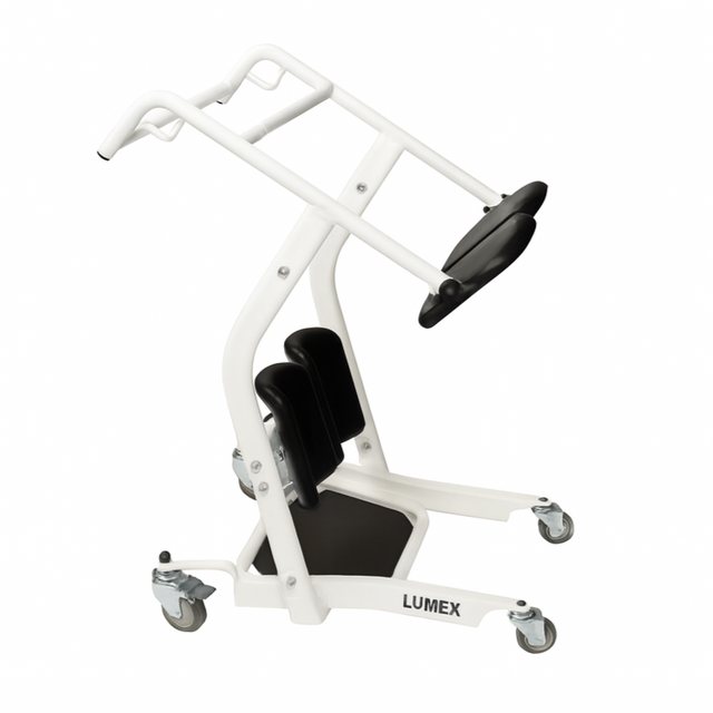 A Lumex stand assist patient transport device with white steel frame, padded knee supports, non-slip foot platform, and smooth-rolling caster wheels, designed for safe patient transfers.