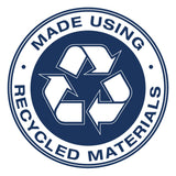 Circular badge displaying the recycling symbol with the text ‘Made Using Recycled Materials,’ indicating the product is manufactured with recycled or eco-friendly materials.