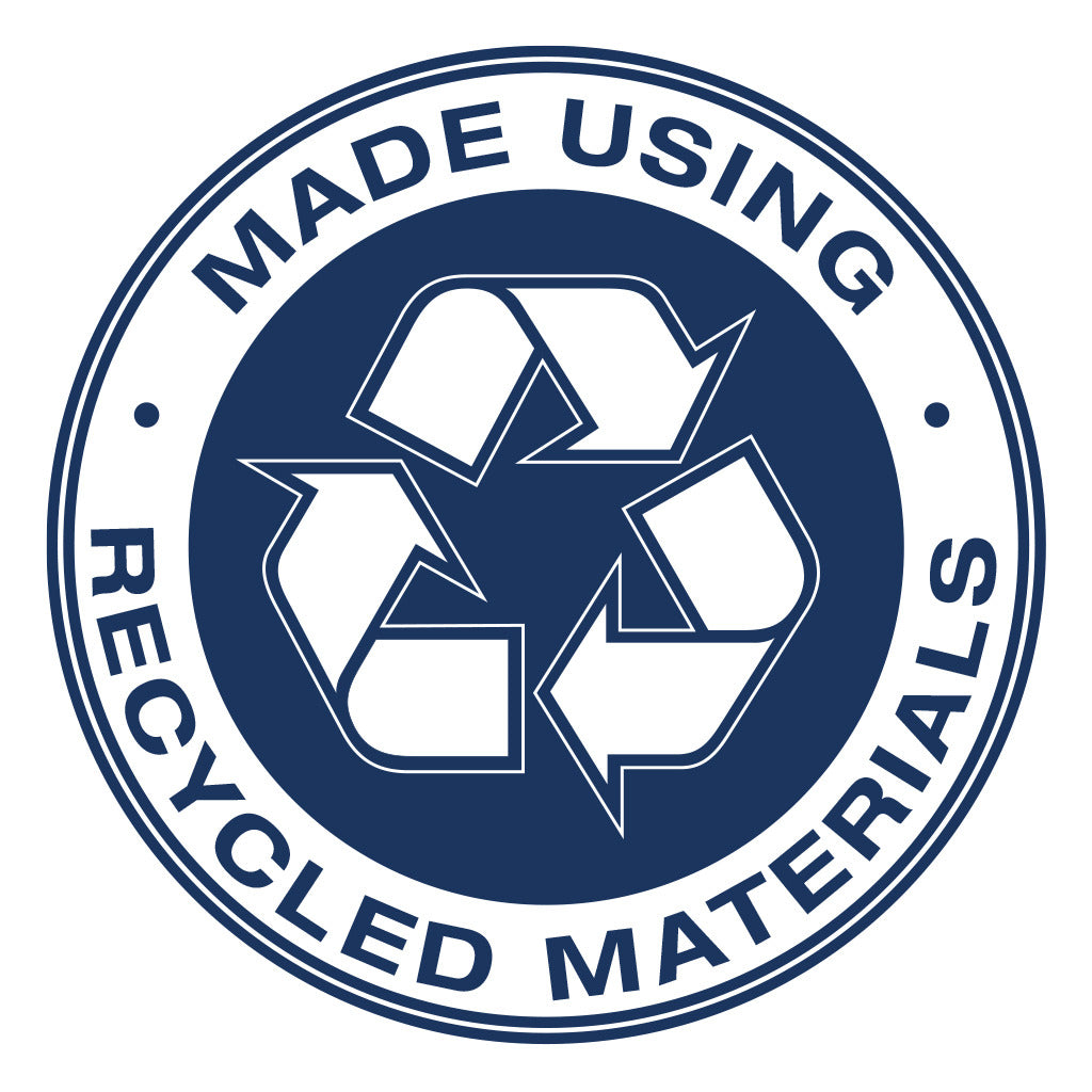Circular badge displaying the recycling symbol with the text ‘Made Using Recycled Materials,’ indicating the product is manufactured with recycled or eco-friendly materials.
