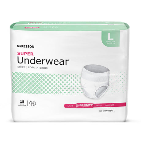 Package of McKesson Super Underwear in size large with moderate absorbency waist size 44–58 inches.