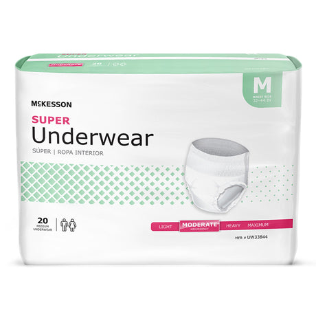 Package of McKesson Super Underwear in size medium with moderate absorbency, waist size 32–44 inches