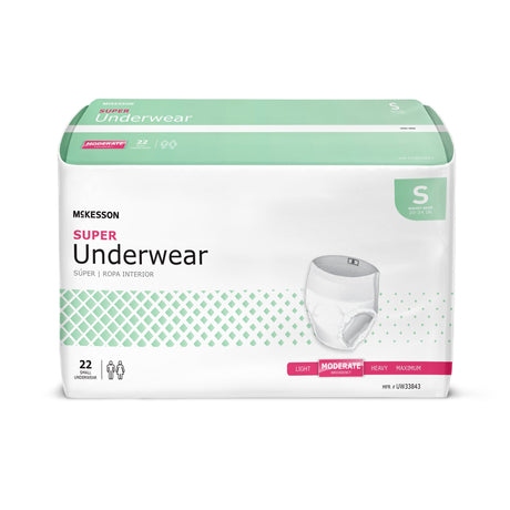 Package of McKesson Super Underwear in size small with moderate absorbency waist size 20-34 inches.